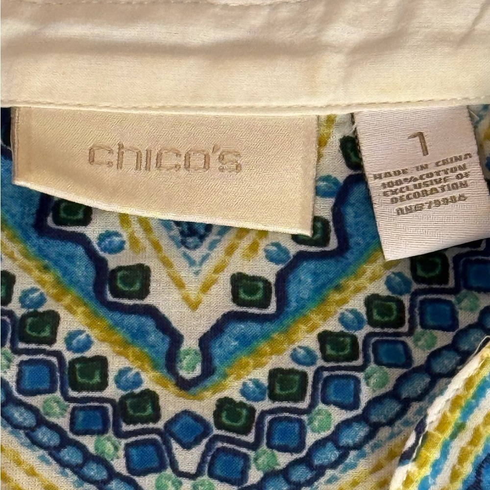 Chico's White Embroidered Cotton Boho Tunic Top Blue Embellished Beaded Size M - Picture 8 of 14